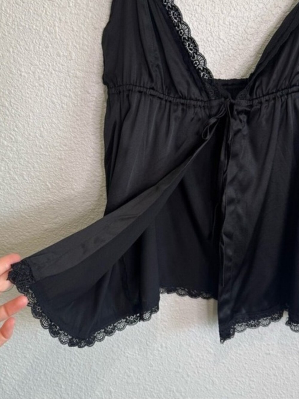 SilkSilky Black Mulberry Silk Lace Trim Camisole Babydoll Top XL Sleeveless - Picture 3 of 8